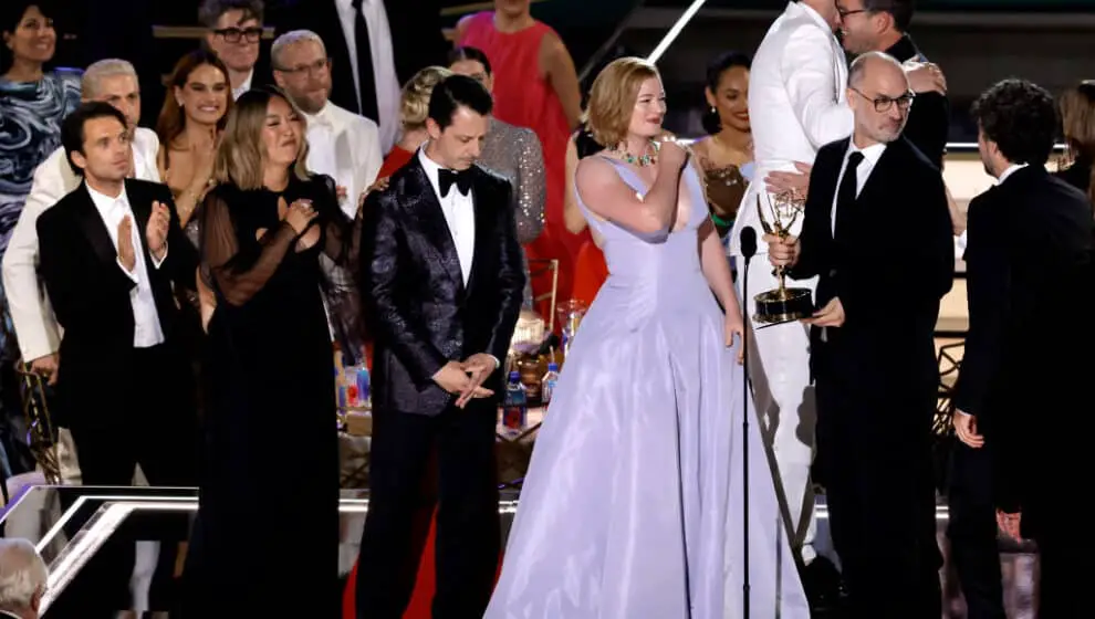 Cast and crew of 'Succession' accepting the Outstanding Drama Series award at the 2022 Emmys