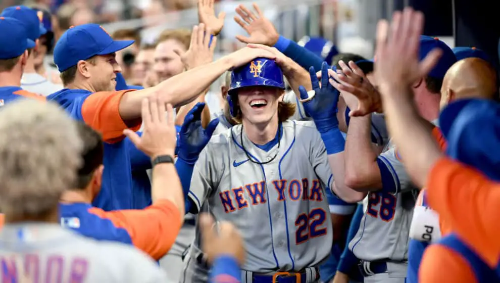 Brett Baty #22 of the New York Mets celebrates with teammates