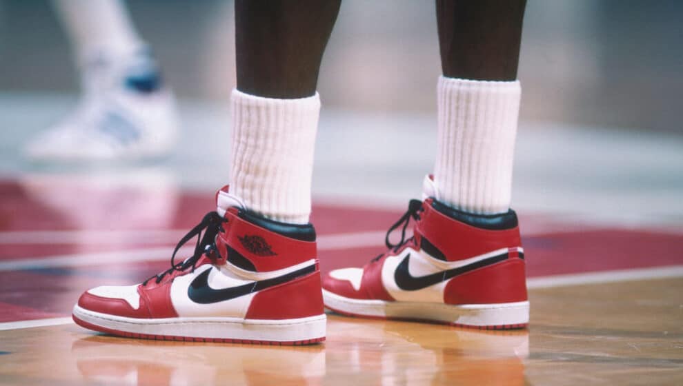 Detail of the "Air Jordan" Nike shoes worn by Chicago Bulls' center Michael Jordan #23 during a game against the Washington Bullets at Capital Centre circa 1985