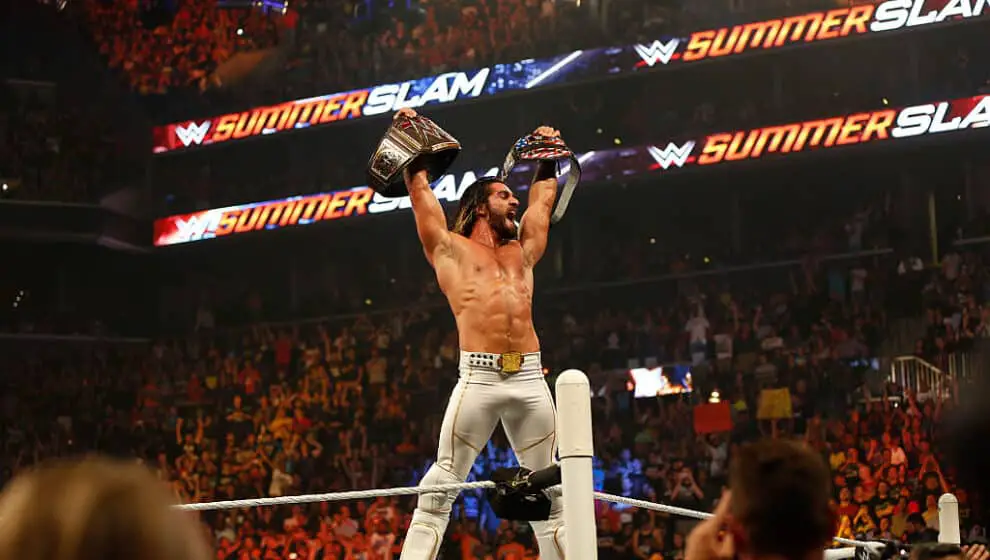 Seth Rollins celebrates his victory over John Cena at the WWE SummerSlam 2015