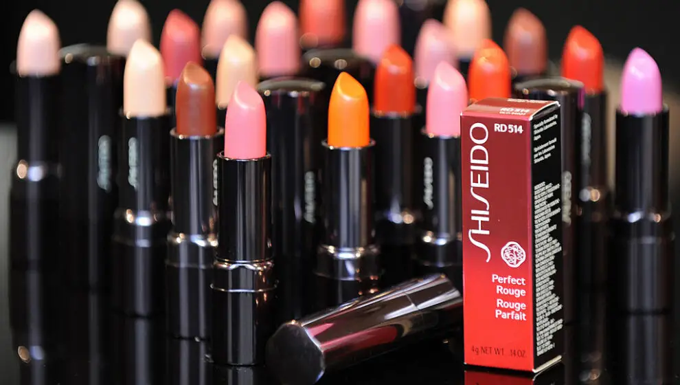 lipsticks of Shiseido Perfect Rouge are displayed at a press preview